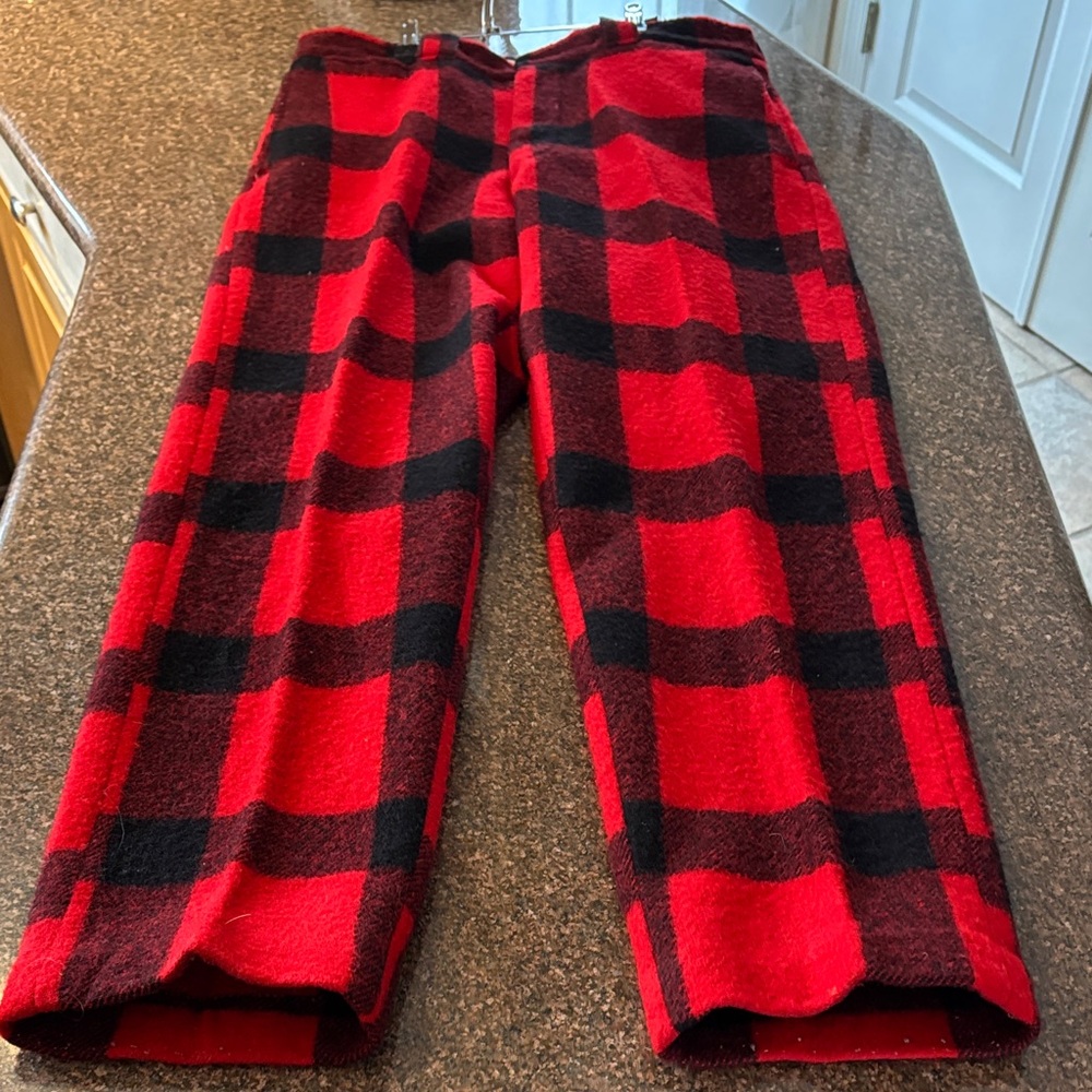 Red Black Checkered Men's Wool Hunting Pants-Vintage-M